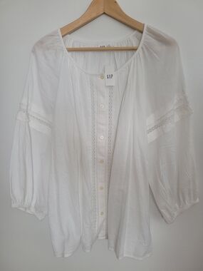 GAP White Cotton Lace-Trim Button Front Blouse Peasant Top Size L